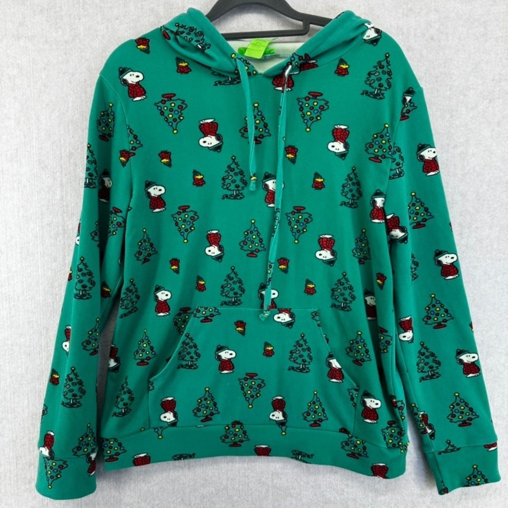 Womens Medium Peanuts Snoopy Christmas Holiday Hoodie Green Sweatshirt SOFT